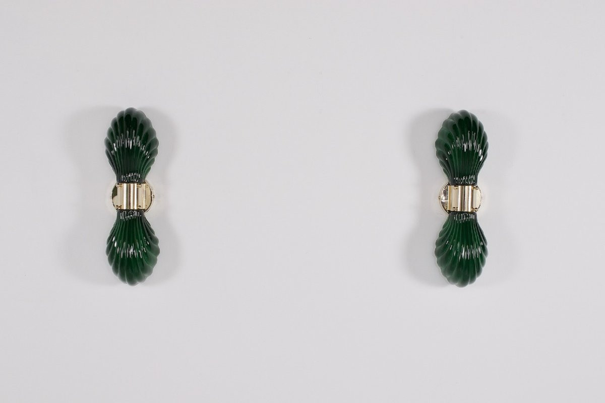  Deux  appliques « Coquille » en verre et laiton , Italie, années 70.-photo-2