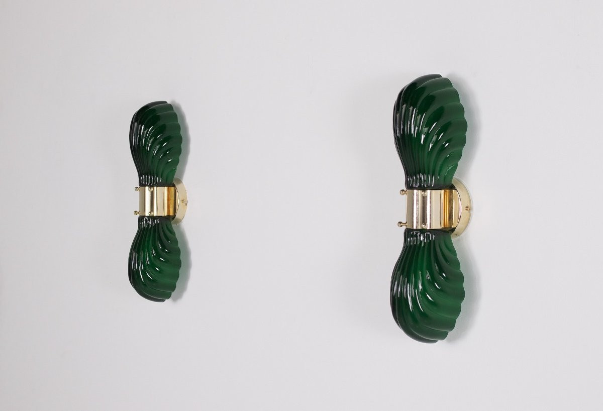  Deux  appliques « Coquille » en verre et laiton , Italie, années 70.-photo-4