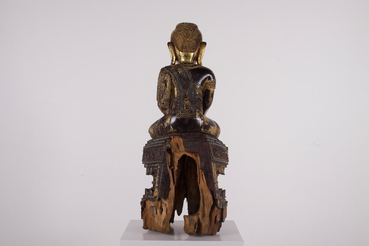 Statue en bois doré du Bouddha Bhaishajyaguru, Birmanie, 18 ème siècle.-photo-4