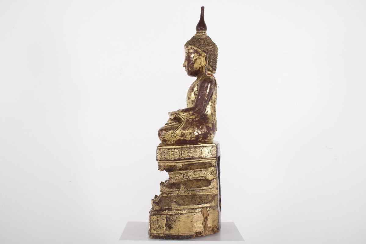  Statue en bois doré d'un Bouddha Maravijaya Birman -photo-3