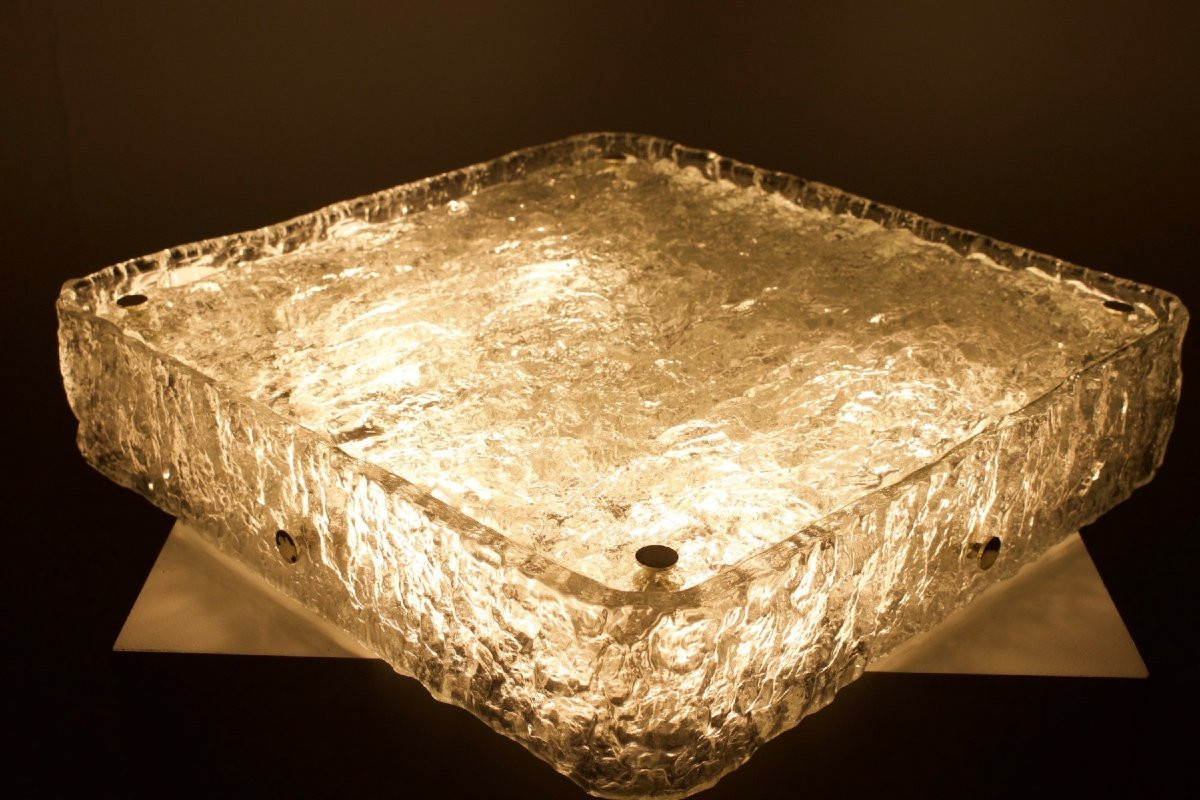 Large Square Ceiling Light In Murano Ice Glass
