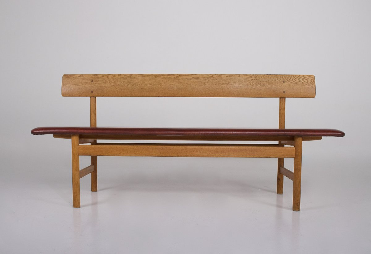 Cognac Oak And Leather Bench By Børge Mogensen-photo-3