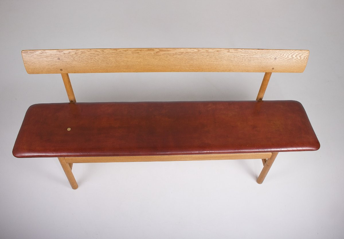 Banc  Børge Mogensen en chêne et cuir, années 60.-photo-2
