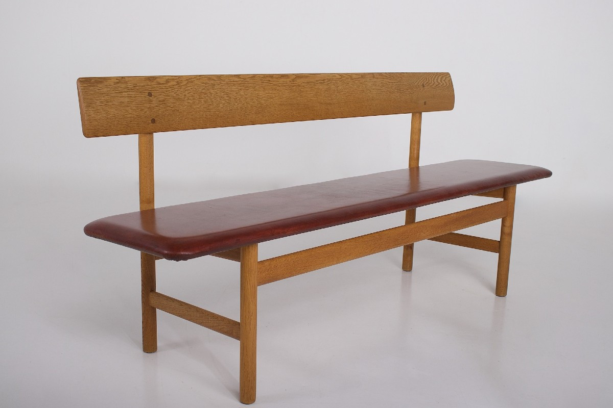 Cognac Oak And Leather Bench By Børge Mogensen