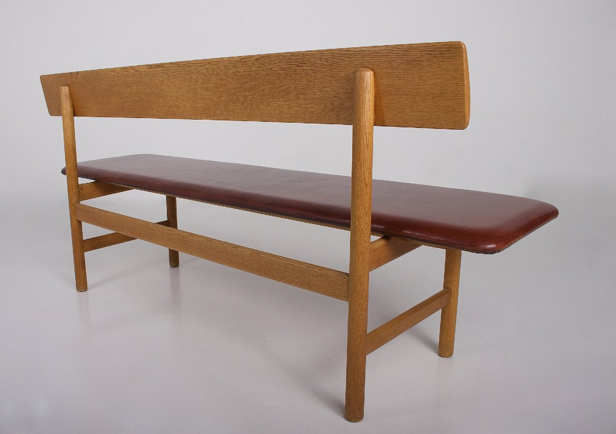 Banc  Børge Mogensen en chêne et cuir, années 60.