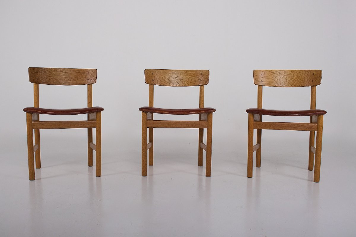  Ensemble de  trois chaises modèle "236" en chêne et cuir , Børge Mogensen.-photo-2