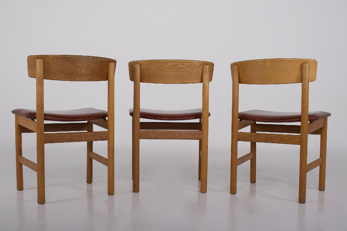  Ensemble de  trois chaises modèle "236" en chêne et cuir , Børge Mogensen.-photo-4