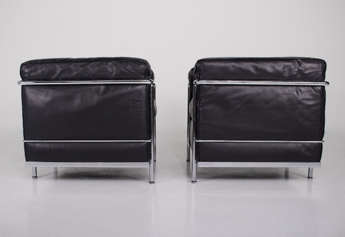 Pair Of Lc2 Armchairs By Le Corbusier & Cassina, Black Leather-photo-2