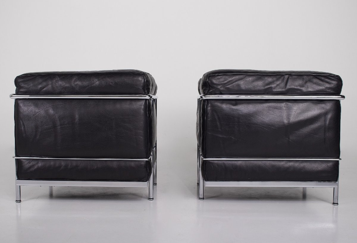 Pair Of Lc2 Armchairs By Le Corbusier & Cassina, Black Leather-photo-4