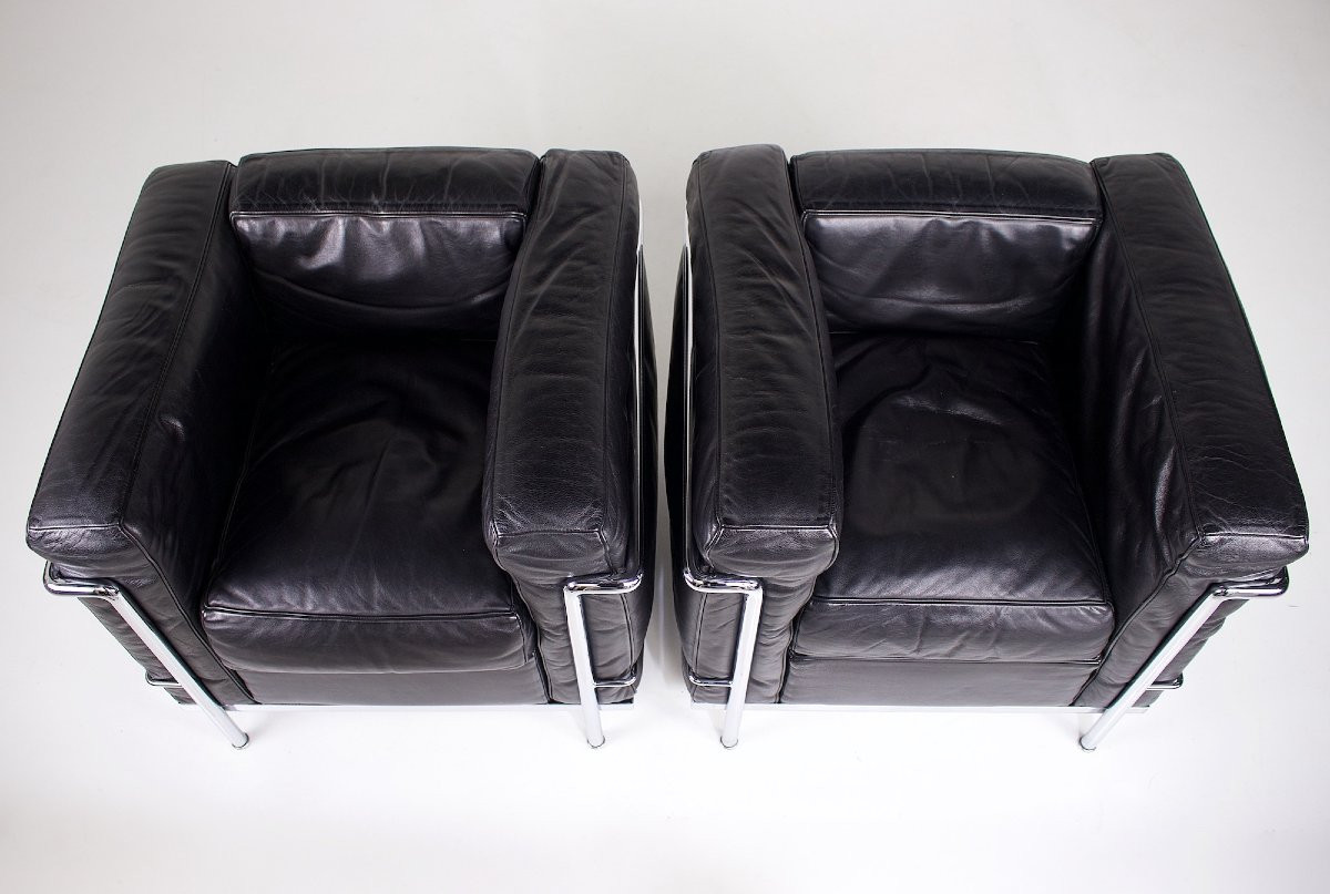 Pair Of Lc2 Armchairs By Le Corbusier & Cassina, Black Leather-photo-4