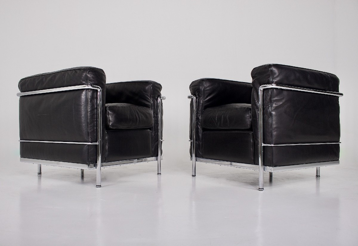 Pair Of Lc2 Armchairs By Le Corbusier & Cassina, Black Leather