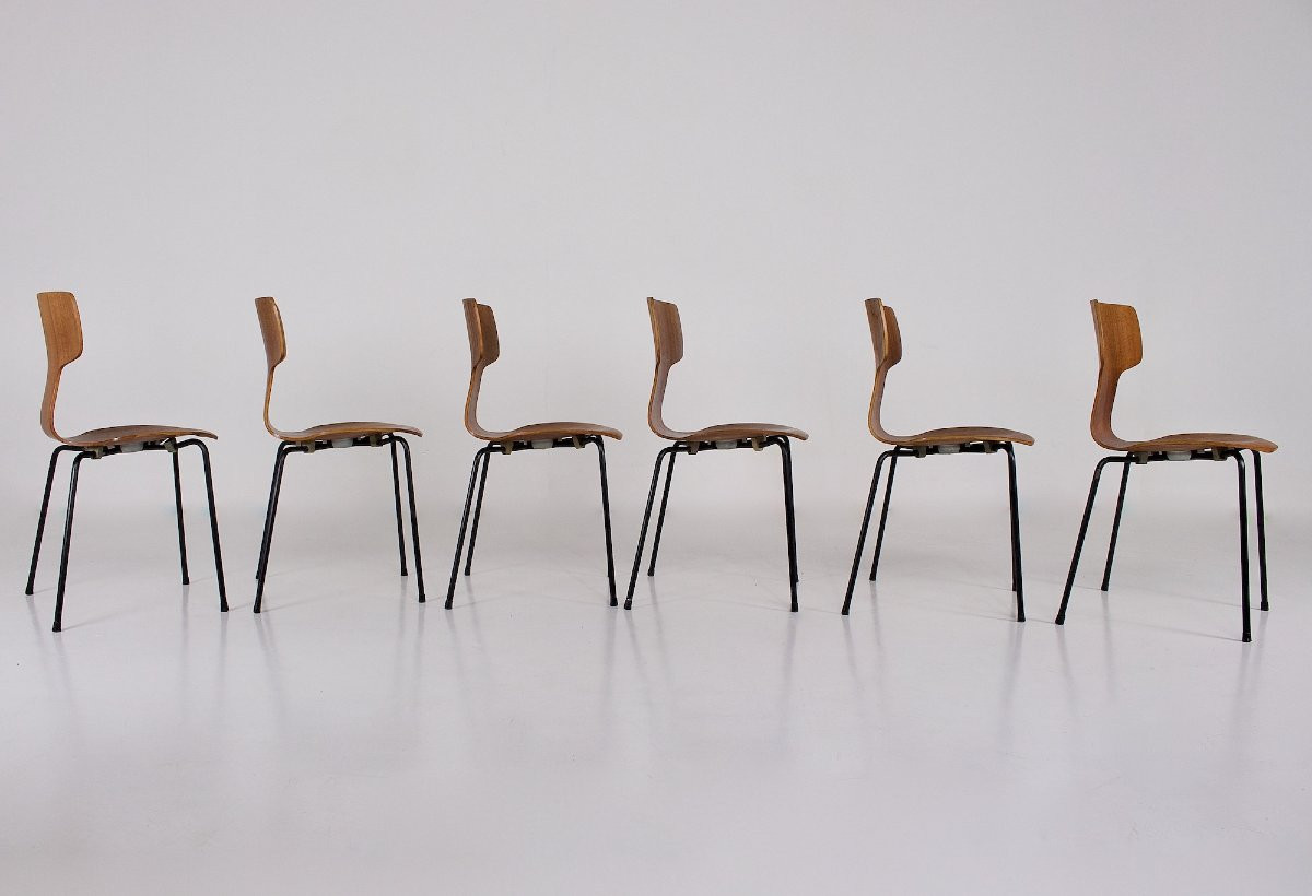  Ensemble de six  chaises modèle " Hammer 3103 ", Arne Jacobsen pour Fritz Hansen.-photo-3