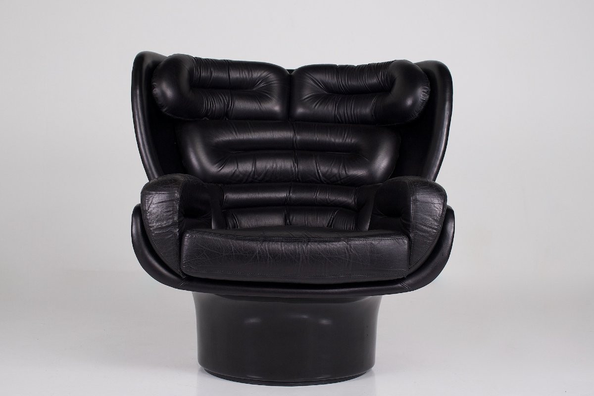 Fauteuil modèle " Elda" en cuir noir , Joe Colombo édition Comfort, années 70.
