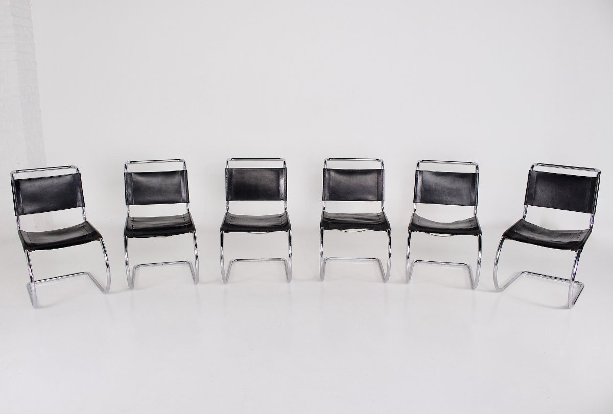  ensemble de six chaises modèle "MR 10" dessinées par Mies Van Der Rohe pour Thonet, années 60.-photo-2
