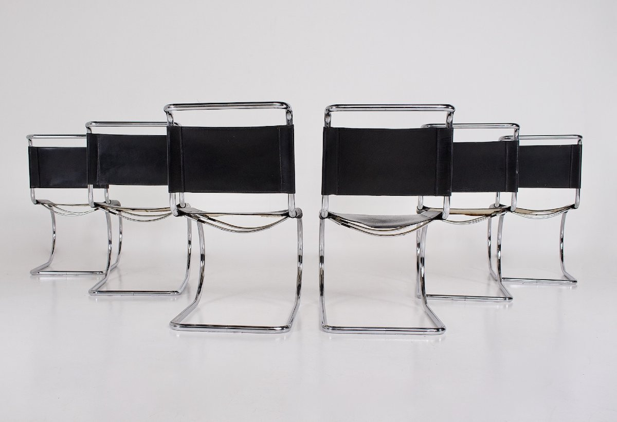  ensemble de six chaises modèle "MR 10" dessinées par Mies Van Der Rohe pour Thonet, années 60.-photo-4