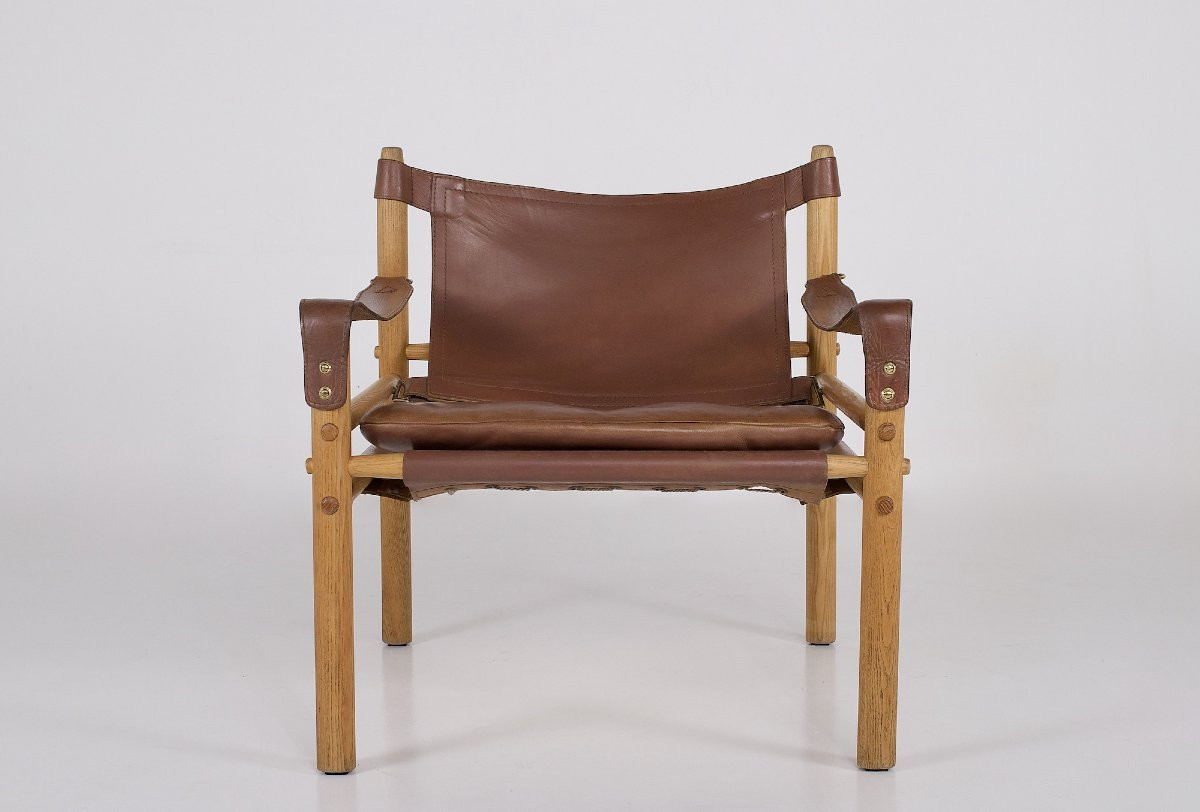 Fauteuil en cuir et chêne blond modèle " Sirocco"  Arne Norell, années 60.-photo-2