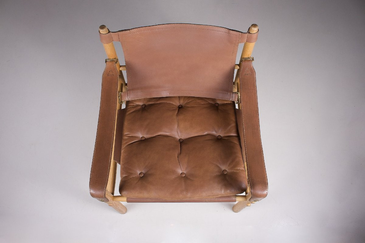 Fauteuil en cuir et chêne blond modèle " Sirocco"  Arne Norell, années 60.-photo-4