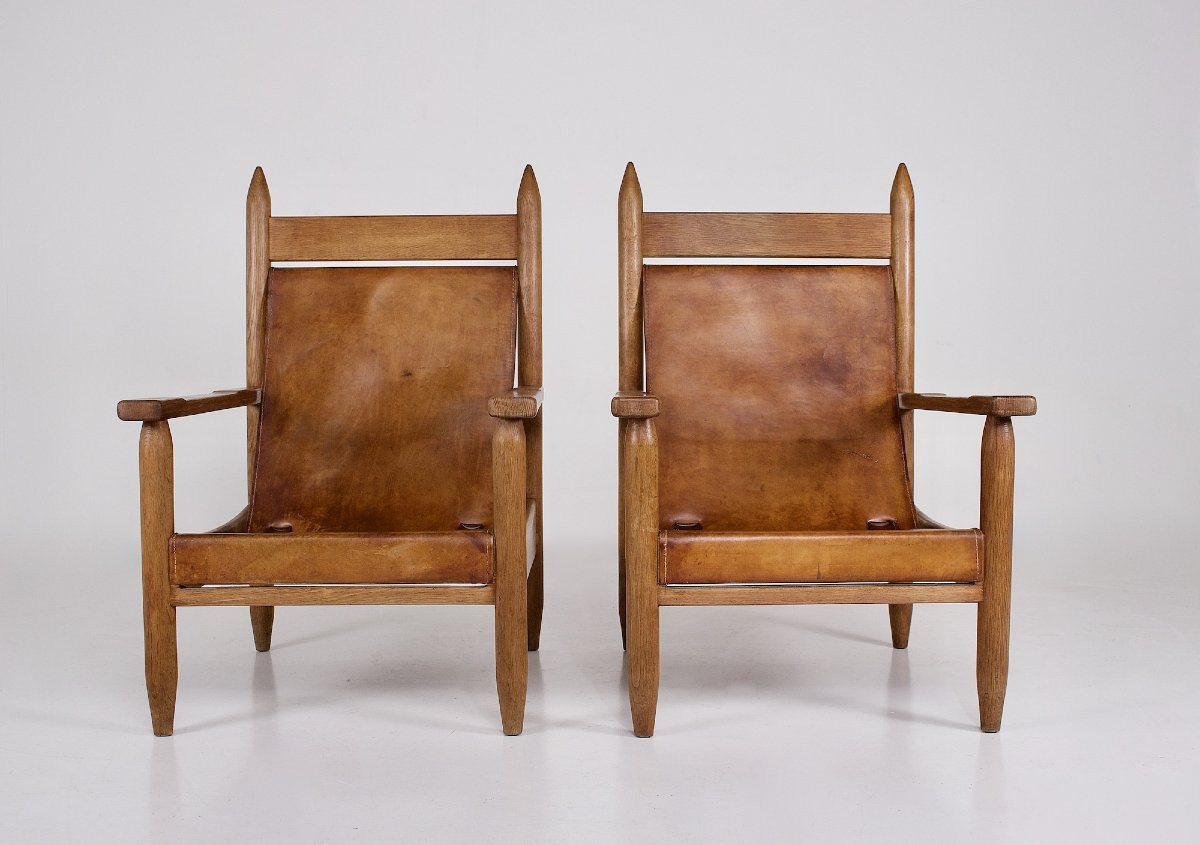  Fauteuils Brutalistes en chêne blond et cuir cognac, années 50.-photo-2