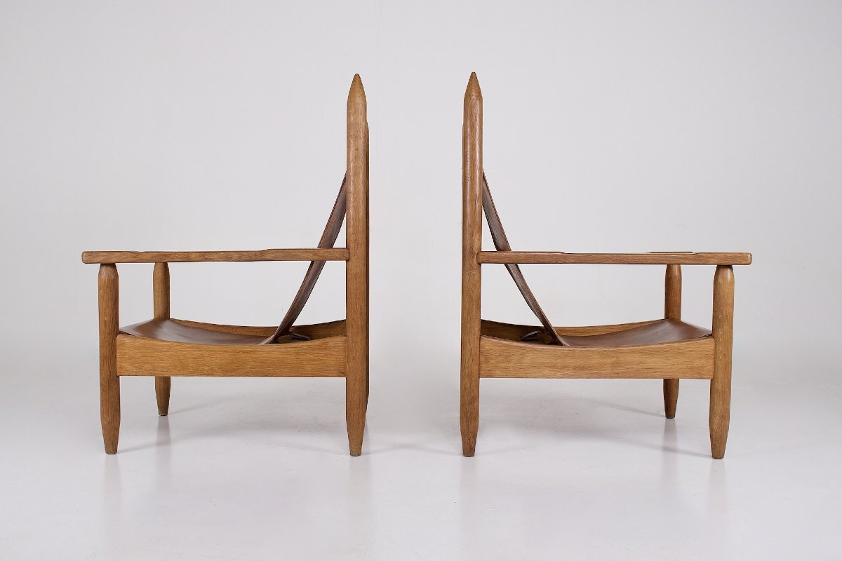  Fauteuils Brutalistes en chêne blond et cuir cognac, années 50.-photo-3