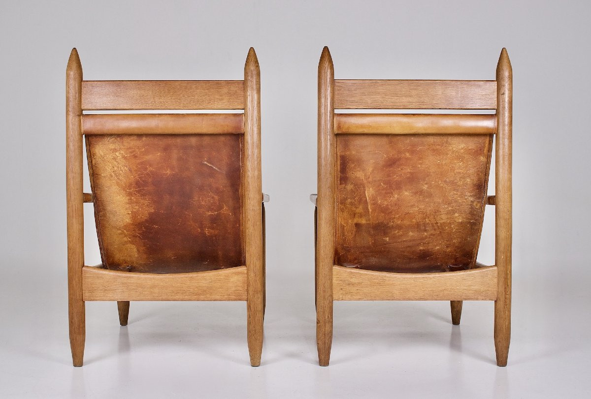  Fauteuils Brutalistes en chêne blond et cuir cognac, années 50.-photo-2