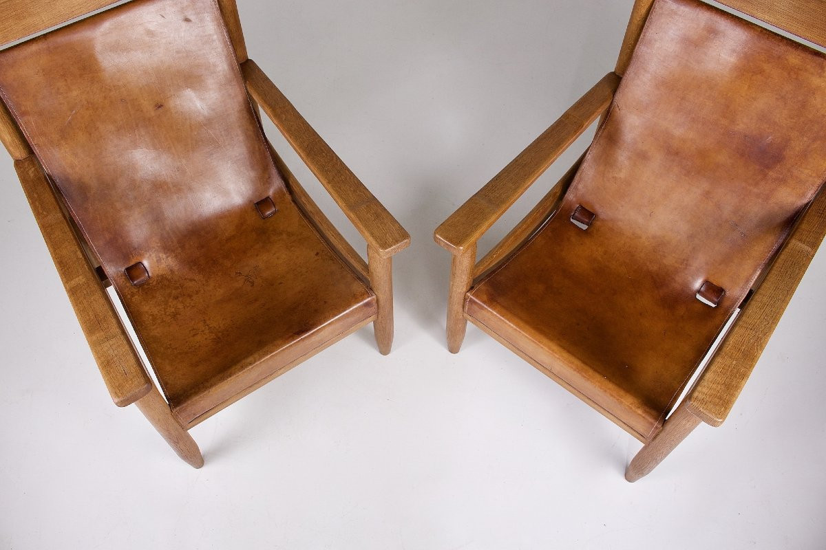  Fauteuils Brutalistes en chêne blond et cuir cognac, années 50.-photo-3
