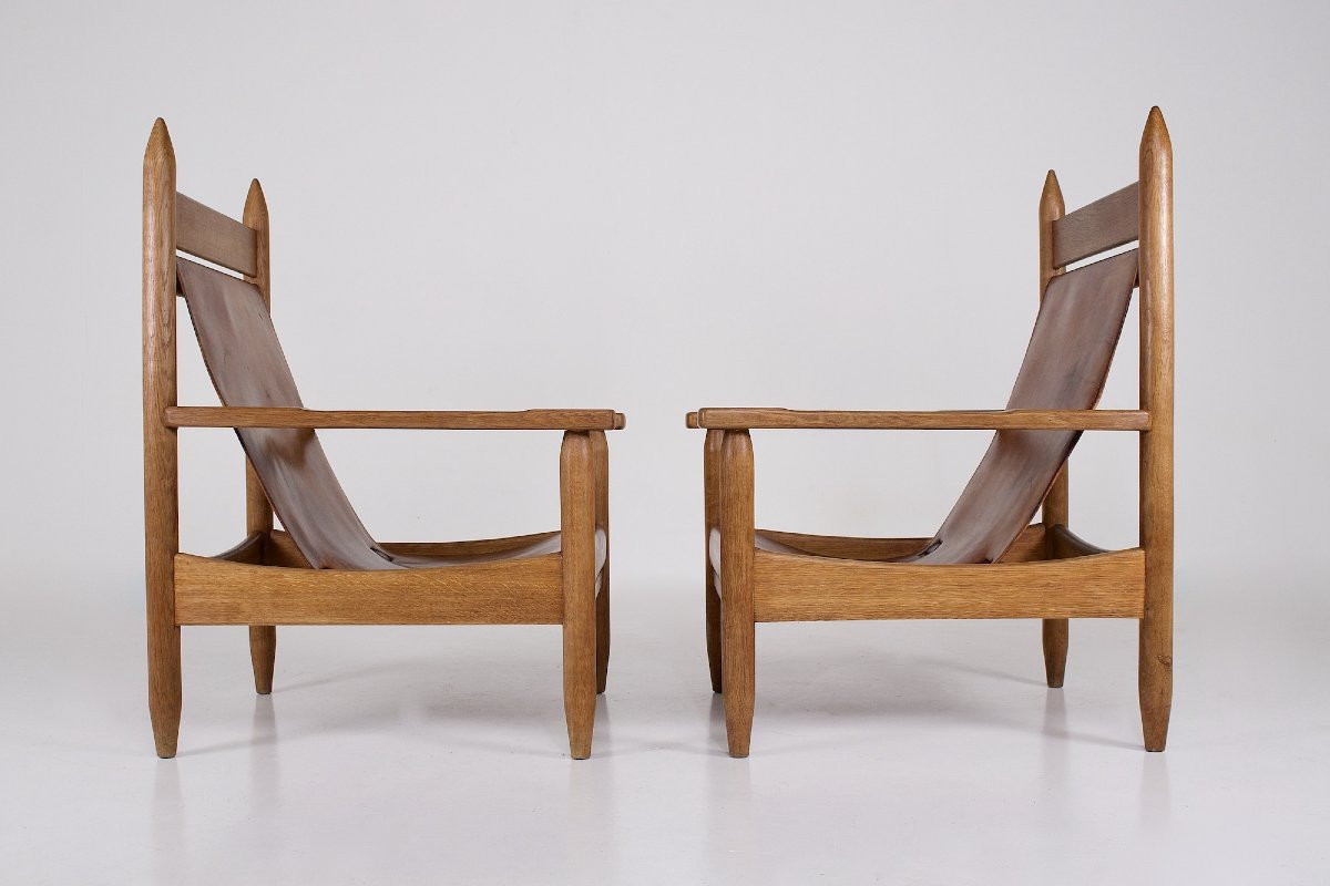  Fauteuils Brutalistes en chêne blond et cuir cognac, années 50.