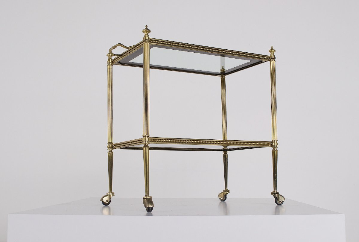 Neoclassical Serving Cart In Brass And Mirrors, Maison Jansen Style