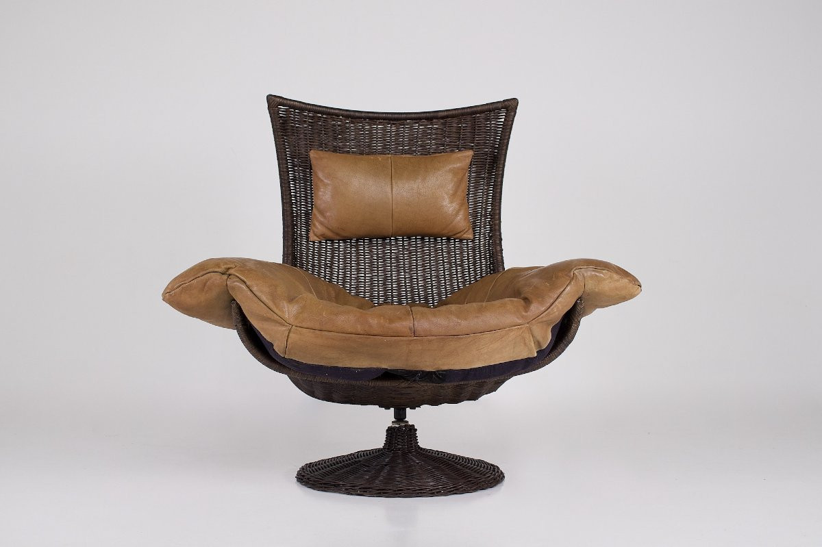 Fauteuil rotatif  en cuir  et rotin ,Gerard Van Den Berg, années 70-photo-2