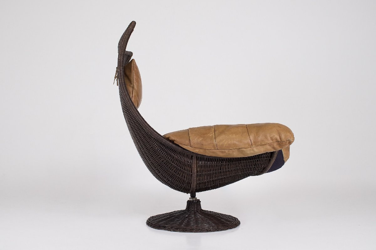 Fauteuil rotatif  en cuir  et rotin ,Gerard Van Den Berg, années 70-photo-3