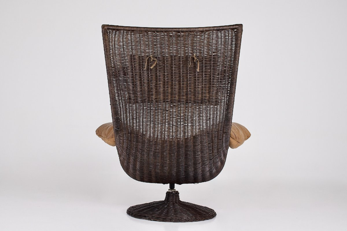 Swivel Armchair In Rattan And Leather By Gerard Van Den Berg-photo-1