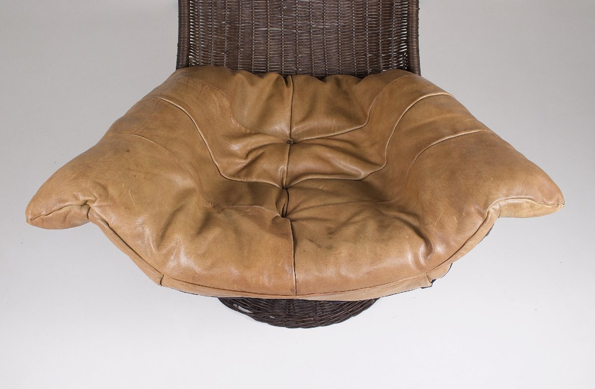 Swivel Armchair In Rattan And Leather By Gerard Van Den Berg-photo-2