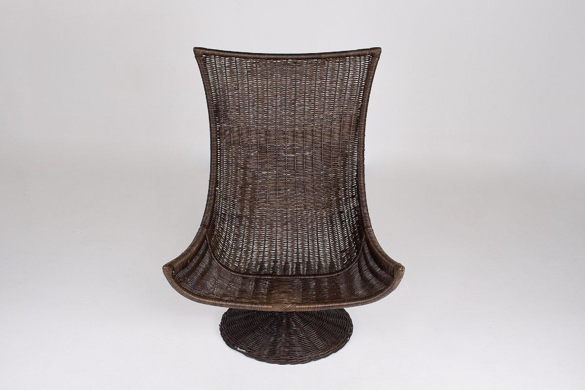 Swivel Armchair In Rattan And Leather By Gerard Van Den Berg-photo-3