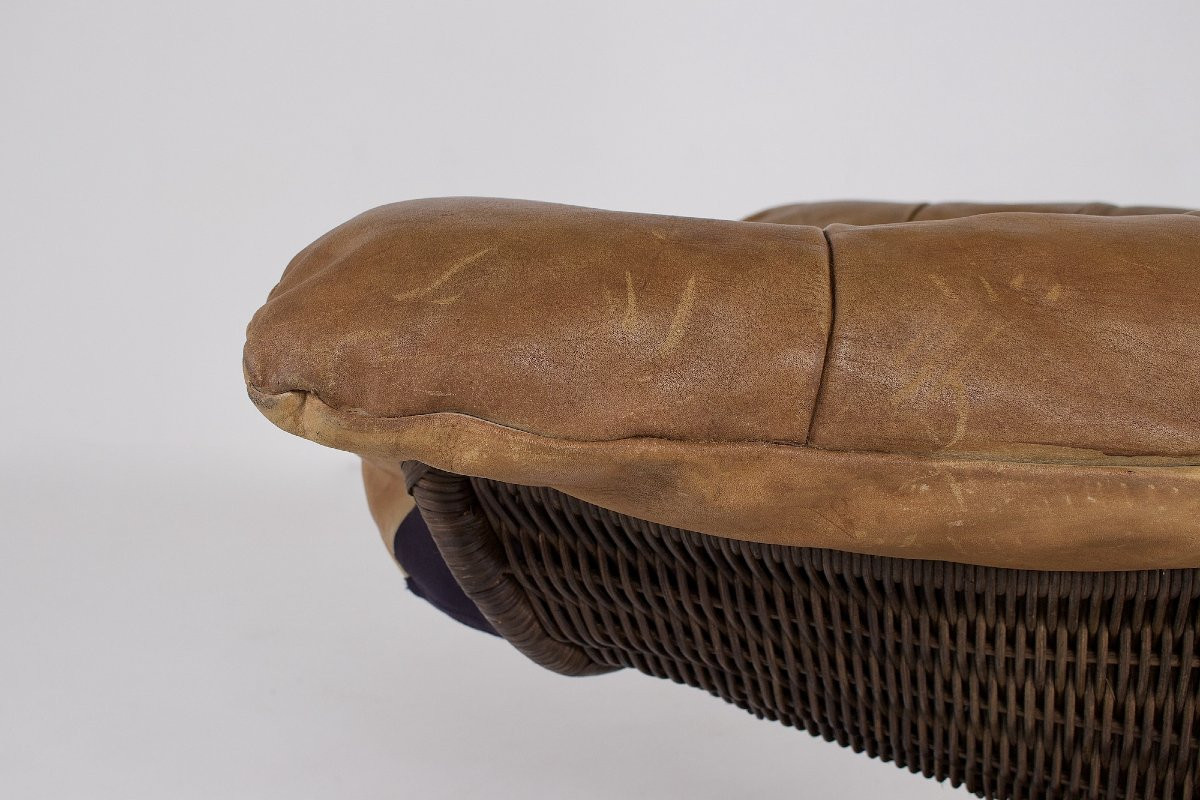 Swivel Armchair In Rattan And Leather By Gerard Van Den Berg-photo-7