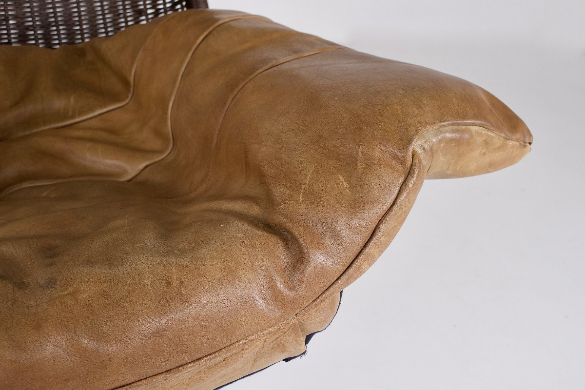 Swivel Armchair In Rattan And Leather By Gerard Van Den Berg-photo-8