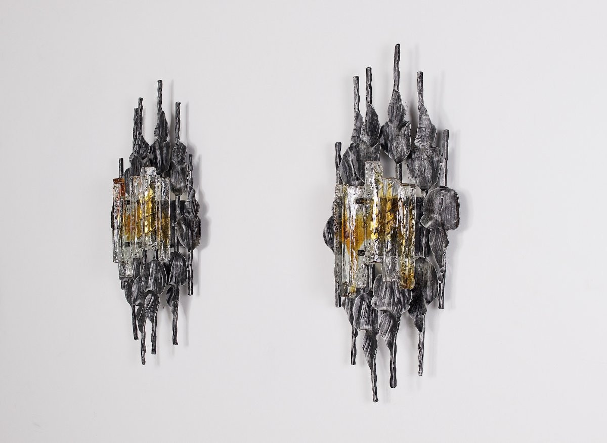 Grande Paire d’Appliques Brutalistes en Fer Forgé et Verre-photo-3