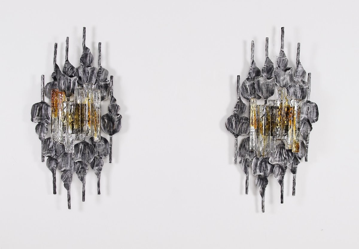 Grande Paire d’Appliques Brutalistes en Fer Forgé et Verre-photo-1