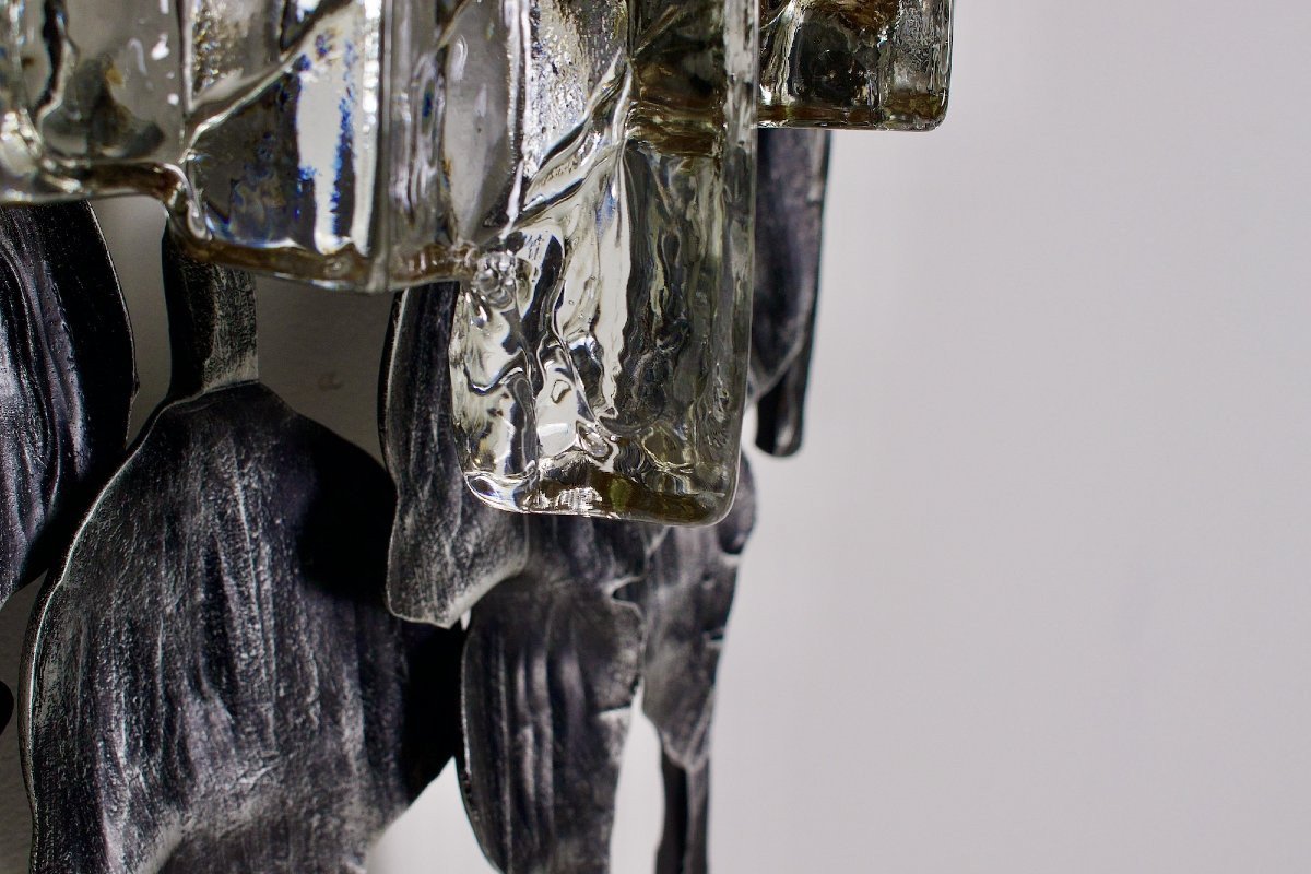 Grande Paire d’Appliques Brutalistes en Fer Forgé et Verre-photo-3