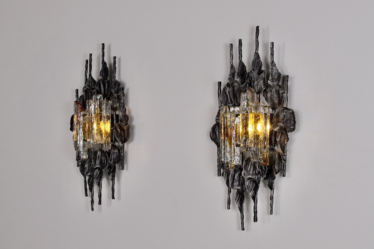 Grande Paire d’Appliques Brutalistes en Fer Forgé et Verre