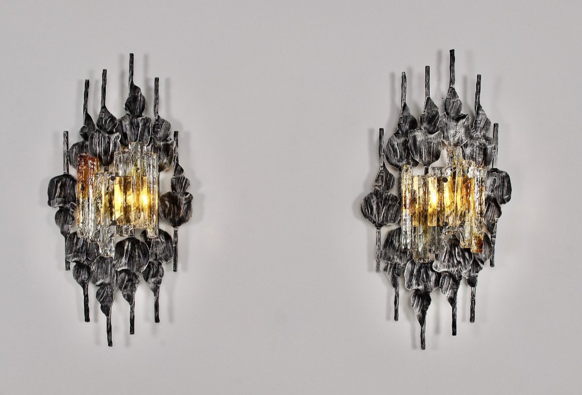 Imposantes  appliques de style brutalistes en Fer Forgé et Verre, années 70.