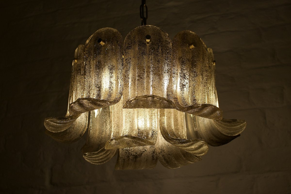Mazzega, Pendant Light With Petals In Gold Murano Glass-photo-2