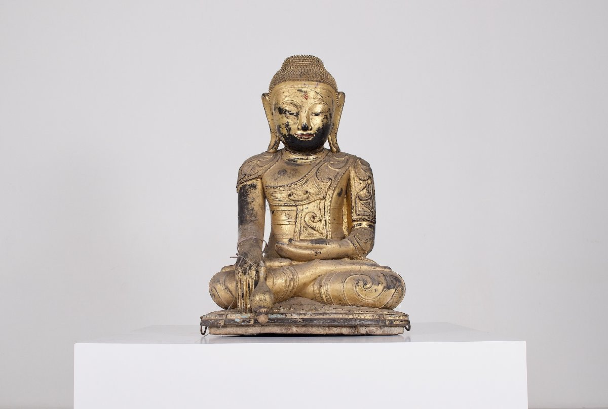  Statue de Bouddha Shan en bois laqué et doré , Birmanie.-photo-6