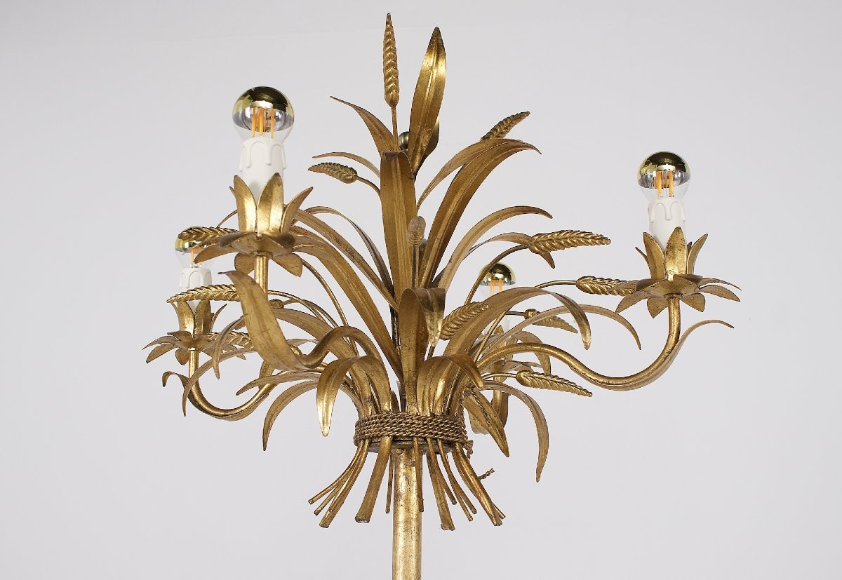 Pair Of Italian "sheaf Of Wheat" Floor Lamps In Gold-plated Metal-photo-3