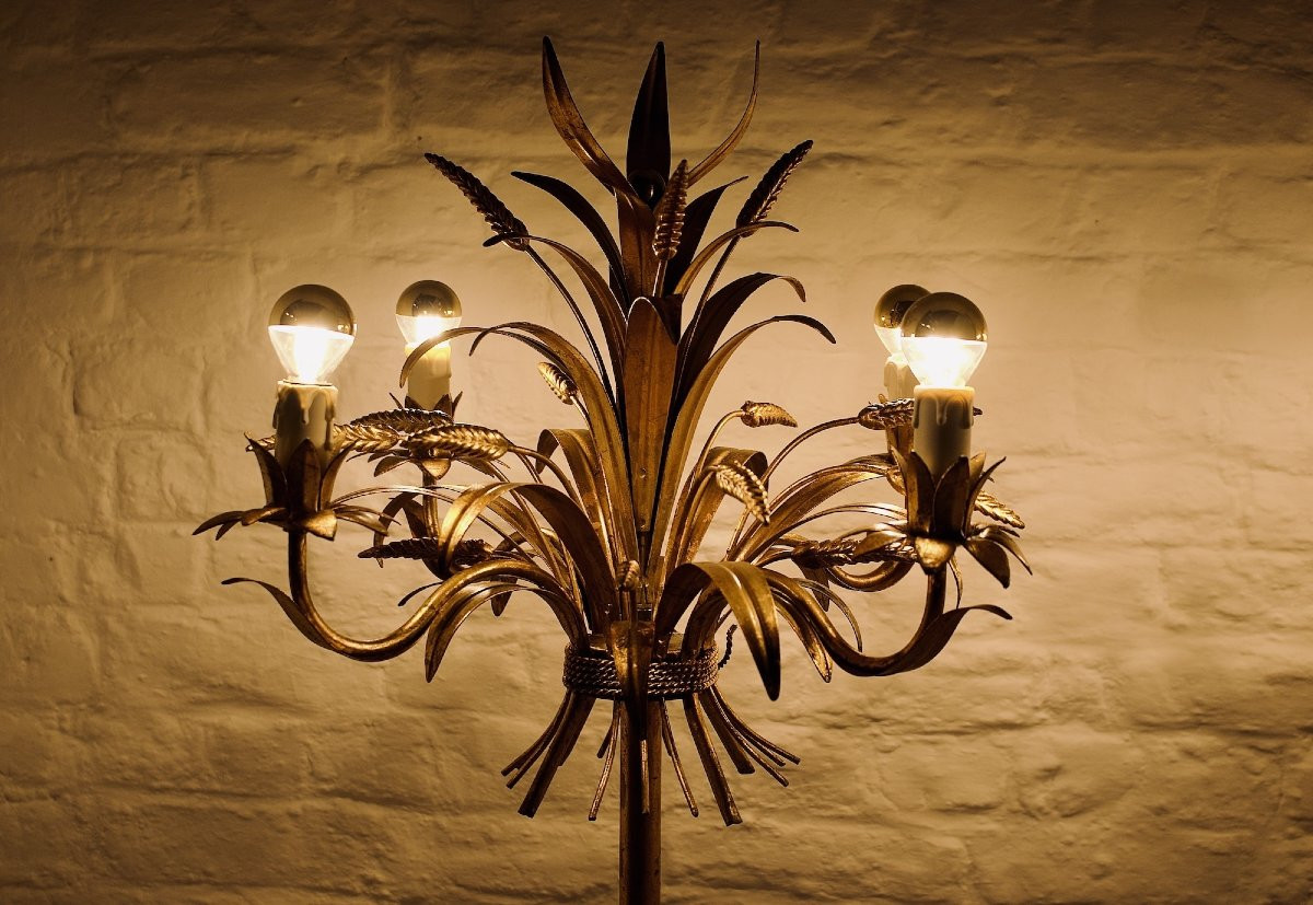 Pair Of Italian "sheaf Of Wheat" Floor Lamps In Gold-plated Metal-photo-4