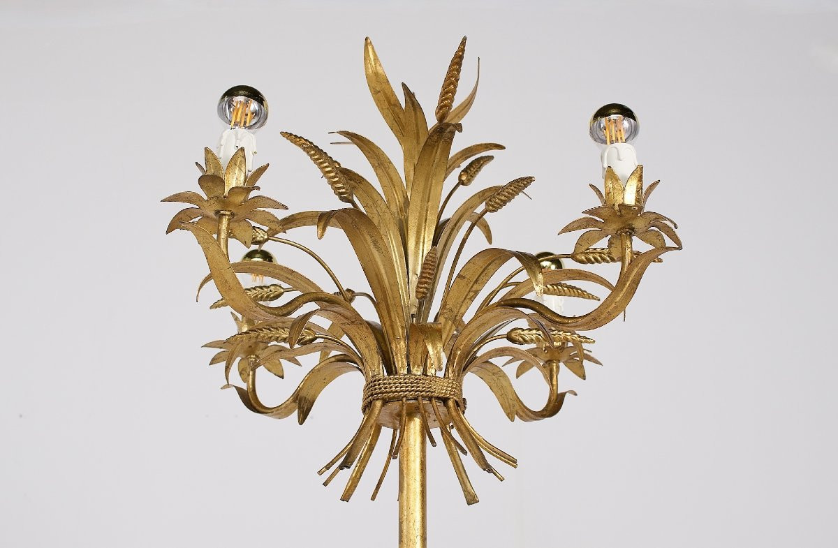 Pair Of Italian "sheaf Of Wheat" Floor Lamps In Gold-plated Metal-photo-1