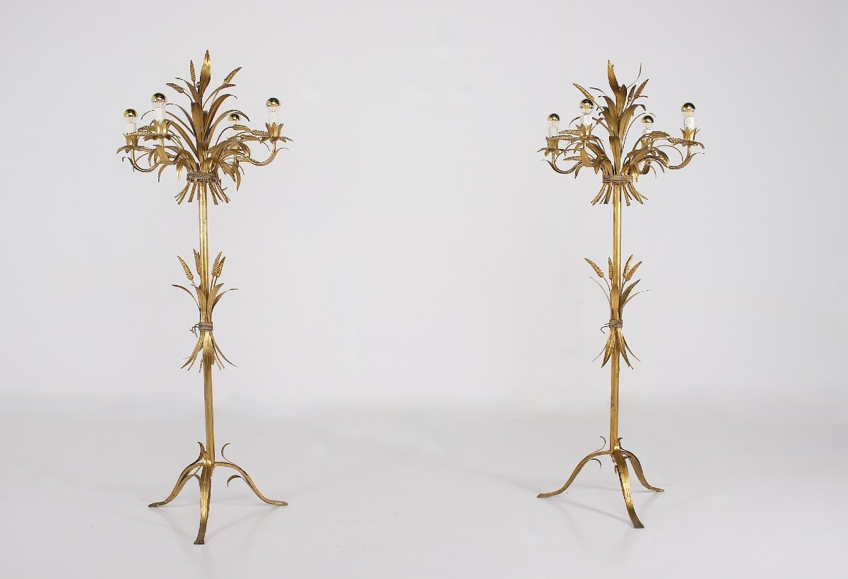Pair Of Italian "sheaf Of Wheat" Floor Lamps In Gold-plated Metal