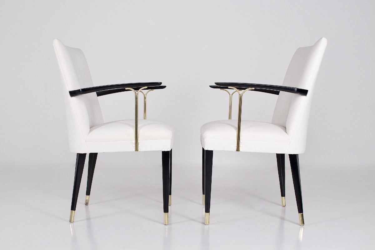 Deux  Fauteuils en hêtre, laiton et velours, années 50.-photo-3