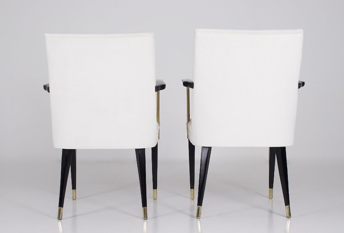 Deux  Fauteuils en hêtre, laiton et velours, années 50.-photo-3