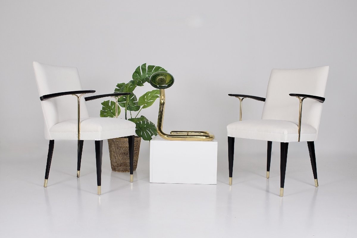 Deux  Fauteuils en hêtre, laiton et velours, années 50.-photo-4