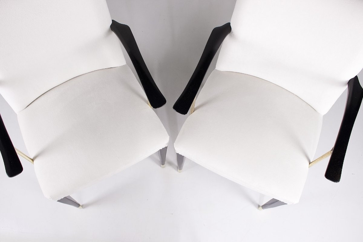 Deux  Fauteuils en hêtre, laiton et velours, années 50.-photo-5