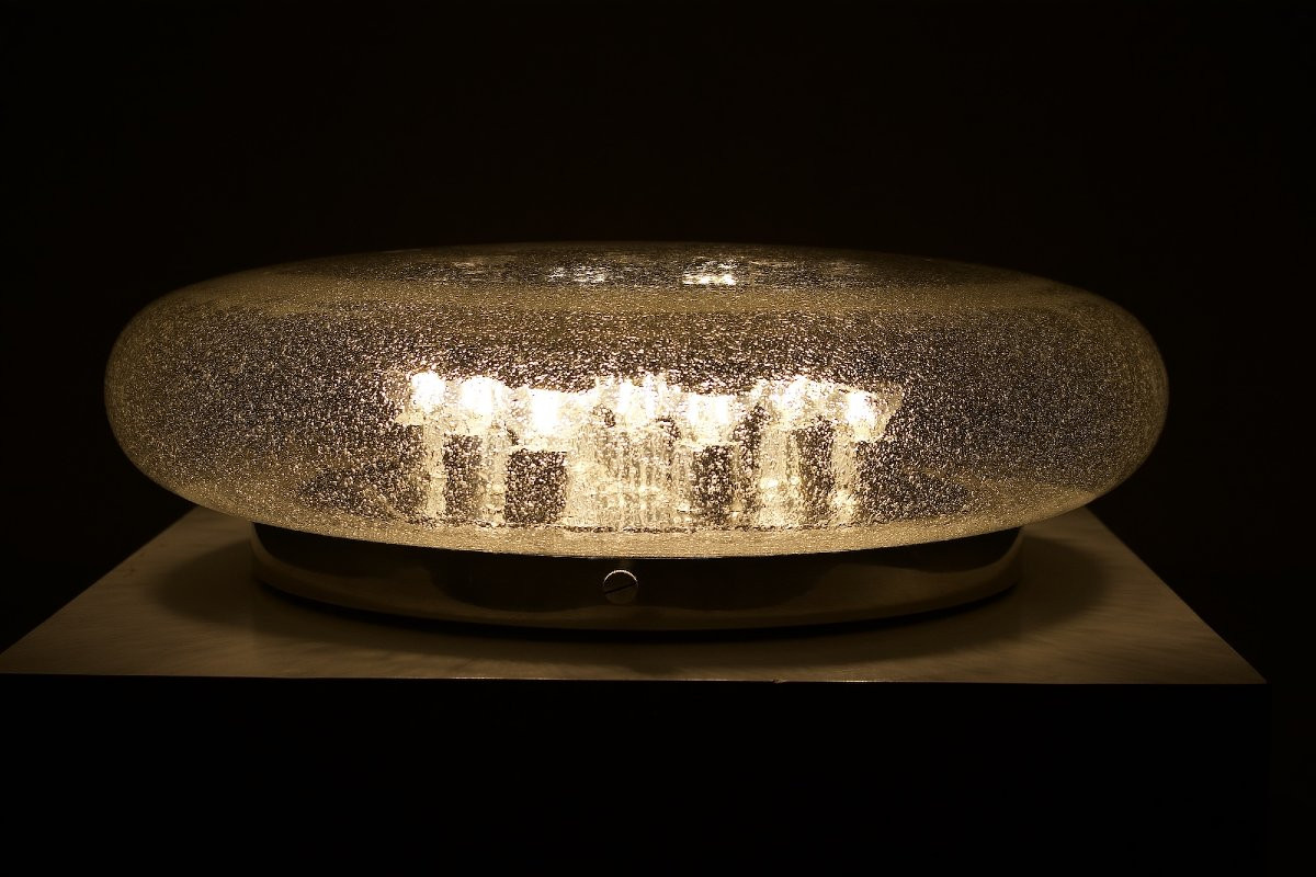 Grand plafonnier rond en verre soufflé bullé, vers 1970-photo-3